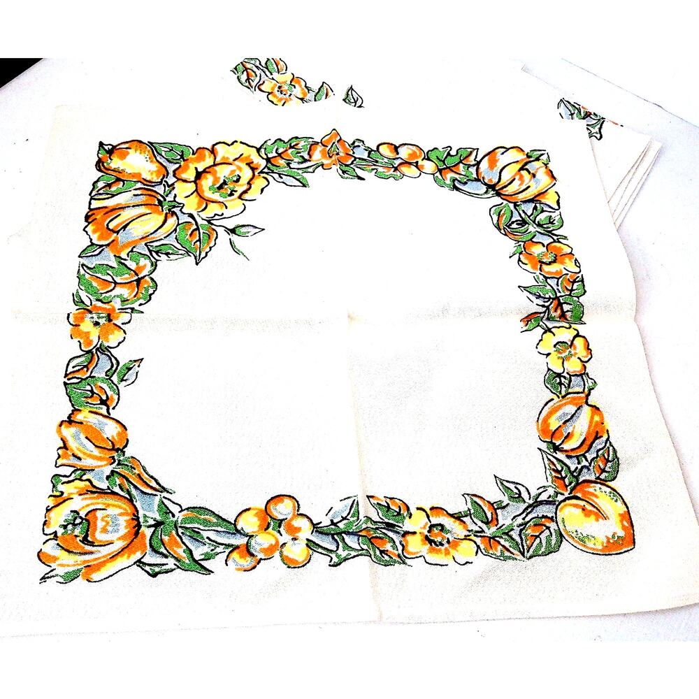 Vintage Retro Orange Green Floral Fabric Dinner Napkins 15x15 Set of 4